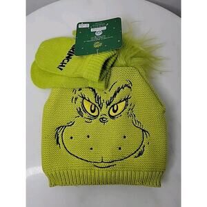 Dr. Seuss The Grinch Kids Beanie Hat & Gloves Gift Set Green NWT Cap